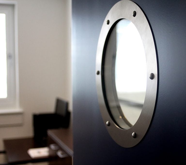 ABP brand colour for refurbished doors throughout the ABP Head Office in Ayr