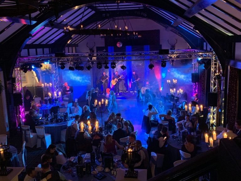 Dance floor LED lighting for live band performance with smoke and haze effect